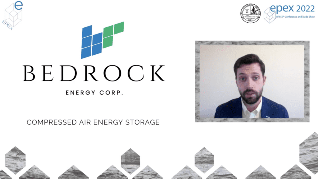 "Bedrock Energy Co. Compressed Air Energy Storage" Logo forms the majority of the title page for presentation. Young, white, bearded-male with facial hair (Evan Tummillo) is pictured in a box on the right side.